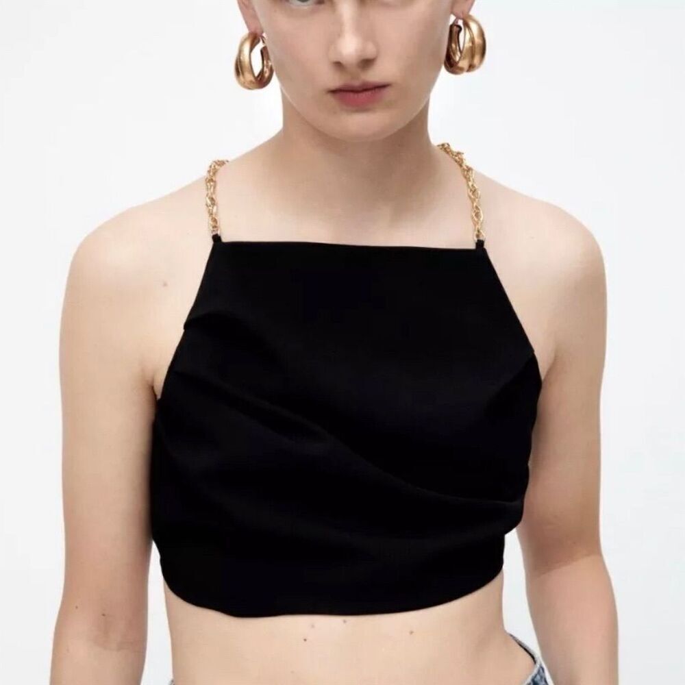 Zara Black Crop Top with Gold Chain Straps